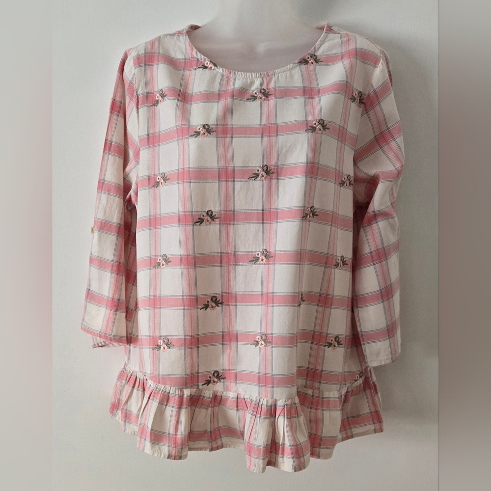 Denim Moves Ladies Top Pink & White Plaid Small Embroidery Flowers Sz Medium